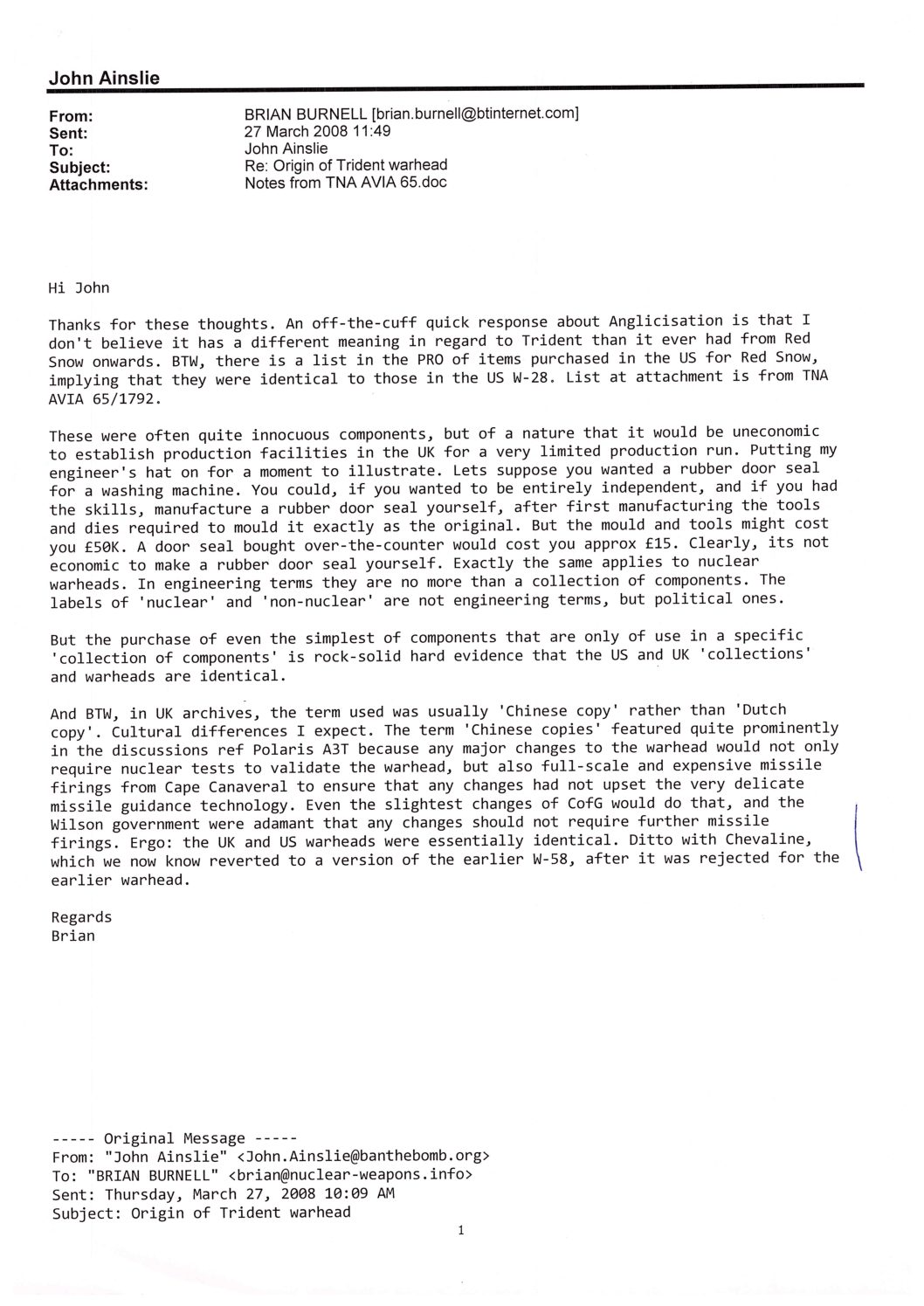Brian Burnell, 'Email to John Ainslie, Re: Origin of Trident warhead ...